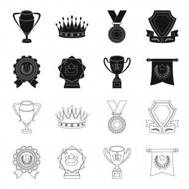 Bir Olimpiyat madalya ilk yer, bir kristal top, gold Kupası bir stand, kırmızı bir kolye için. Ödülleri ve kupa toplama simgeler siyah, anahat stili vektör simge stok çizim web ayarla.