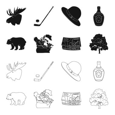 Kanada Doları, bölge harita ve ülkenin diğer simgeler. Kanada toplama simgeler siyah, anahat stili vektör simge stok çizim web içinde ayarla..