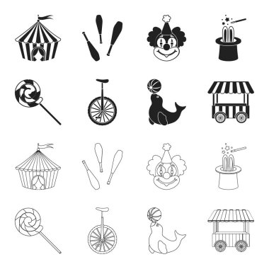 Lolipop, eğitimli fok, snack tekerlek üzerinde monocycle. Sirk toplama simgeler siyah, anahat stili vektör simge stok çizim web içinde ayarla..