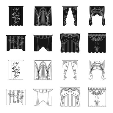 Nakış, tekstil, mobilya ve diğer web simge siyah, anahat stili. Perdeler, sopa, kornişler, küme koleksiyon simgeler.