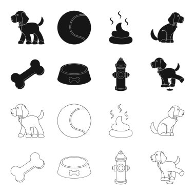Bir kemik, bir yangın musluğu, bir kase gıda, pissing bir köpek. Köpek toplama simgeler siyah, anahat stili vektör simge stok çizim web içinde ayarla..