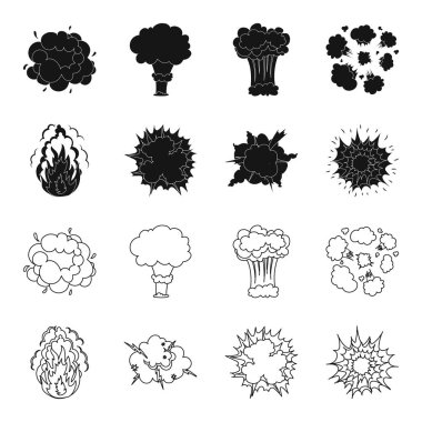 Alevi, kıvılcım, hidrojen parçaları, atomik ya da gaz patlaması, fırtına, güneş patlaması. Patlamalar toplama simgeler siyah, anahat stili vektör simge stok çizim web içinde ayarla..