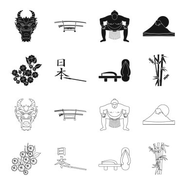 Geta, sakura çiçekler, bambu, hiyeroglif. Japonya toplama simgeler siyah, anahat stili vektör simge stok çizim web içinde ayarla..