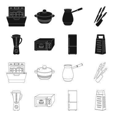 Mutfak ekipmanları siyah, set koleksiyonu tasarım için anahat simgeleri. Sembol stok web illüstrasyon vektör mutfak ve aksesuarları.