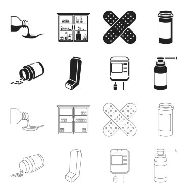 Tablet, ilaç, kan, sprey ile konteyner. İlaç toplama simgeler siyah, anahat stili vektör simge stok çizim web içinde ayarla..