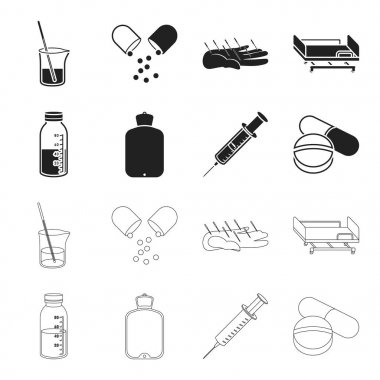 Çözüm, daha sıcak, şırınga, hap. İlaç toplama simgeler siyah, anahat stili vektör simge stok çizim web içinde ayarla..