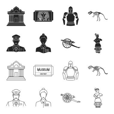 Bekçi, Kılavuzu, heykel, silah. Müzesi toplama simgeler siyah, anahat stili vektör simge stok çizim web içinde ayarla..