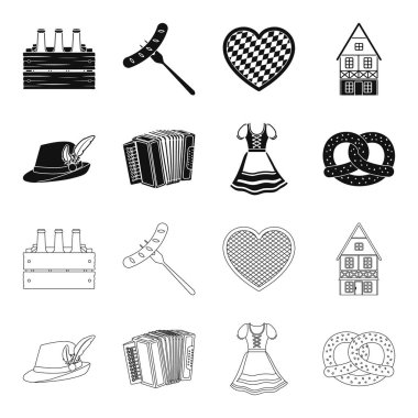 Tirol şapka, akordeon, elbise, tuzlu kraker. Oktoberfest toplama simgeler siyah, anahat stili vektör simge stok çizim web içinde ayarla..