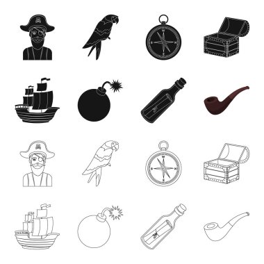 Korsan, haydut, gemi, yelken. Korsanlar toplama simgeler siyah, anahat stili vektör simge stok çizim web içinde ayarla..