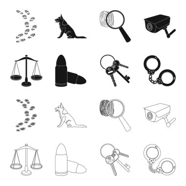 Ölçekler adalet, kartuşları, a demet-in anahtar taşı, ellerim kelepçeli. Hapishane toplama simgeler siyah, anahat stili vektör simge stok çizim web içinde ayarla..