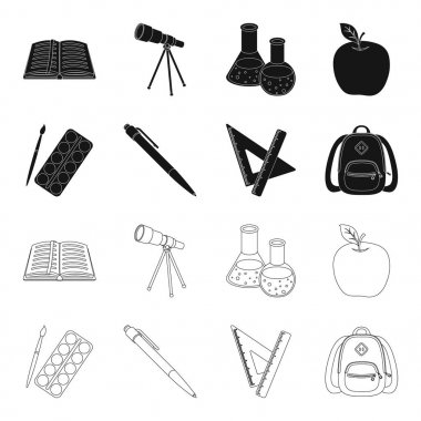 Çok renkli boyalar bir Püskül, kalem, üçgen ve cetvel, el çantası, evrak çantası ile. Okul ve eğitim toplama simgeler siyah, anahat stili vektör simge stok çizim web ayarla.