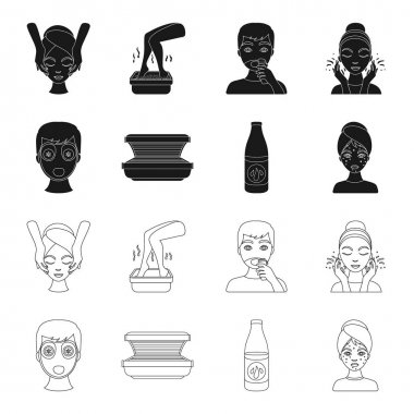 Yüz maskesi, Solaryum, şişe ts lasenom, yüzünde sivilce. Cilt Bakımı toplama simgeler siyah, anahat stili vektör simge stok çizim web içinde ayarla..