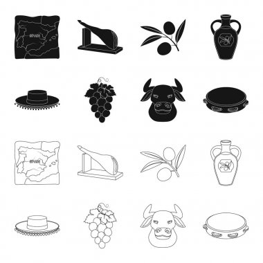 Todeador, matador, bir avuç üzüm ile yumruk, bir boğa için İspanyol boğa güreşi, bir tef şapka. İspanya ülke toplama simgeler siyah, anahat stili vektörde sembol stok ayarla