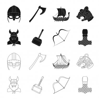 Viking boynuzları, mace, kask içinde hazine ile ok, yay. Vikingler toplama simgeler siyah, anahat stili vektör simge stok çizim web içinde ayarla..