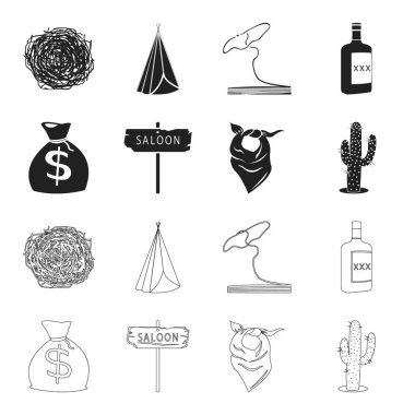 Para, salon, kovboy fuları, kaktüs torba. Vahşi Batı toplama simgeler siyah, anahat stili vektör simge stok çizim web içinde ayarla..