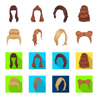 Sarışın bir grup, kırmızı dalgalı ve saç diğer türleri. Arka saç toplama simgeler çizgi film, düz stil vektör simge stok çizim web ayarla..