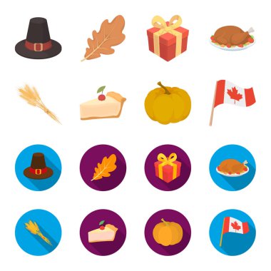 Spike buğday, bir dilim pasta ile kızılcık, kabak, ulusal bayrak. Kanada Şükran günü toplama simgeler çizgi film, düz stil vektör simge stok çizim web ayarla..