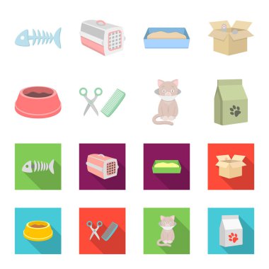 Gıda, bir kedi, hasta bir kedi, bir paket beslemeleri için saç kesimi ile bir kase. stil vektör simge stok çizim web karikatür küme toplama simgeler düz.