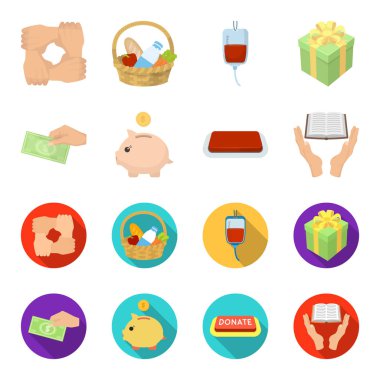 El ile para poshestvovaniya, hayır için bir kumbara, bir düğme ile bir yazıt, ellerindeki körler için bir kitap için. Yardım ve bağış toplama simgeler çizgi film, düz stil vektör ayarla