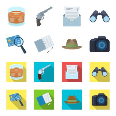 Kamera, Büyüteç, şapka, defter kalem ile. Dedektif toplama simgeler çizgi film, düz stil vektör simge stok çizim web ayarla..
