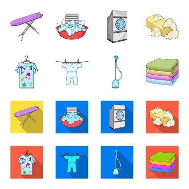 Elektrikli süpürge, bez, kirli ve temiz şeyler yığınını. Kuru Temizleme toplama simgeler çizgi film, düz stil vektör simge stok çizim web ayarla..