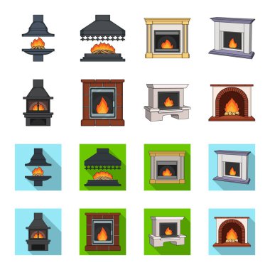 Yangın, sıcaklık ve konfor. Şömine toplama simgeler çizgi film, düz stil vektör simge stok çizim web ayarla..