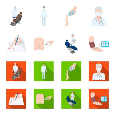Kas içi enjeksiyon reçete, diş hekimi, kan basıncı ölçüm. Medicineset toplama simgeler karikatür, düz stil vektör simge stok çizim web.