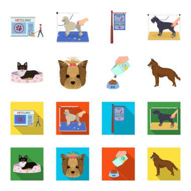 Bir tembel, bir namlu bir hayvan, bir besleme ile bir kase, çoban köpeği dişlerini bir top ile bir köpek. Evcil Hayvan, köpek bakım toplama simgeler çizgi film, düz stil vektör simge stok çizim web ayarla.