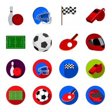 Alan, oynadığı futbol, futbol topu, Masa Tenisi, oyun, beyzbol veya rugby için eldiven için koruyucu kask için bir top ile raket işaretler ile stadyum. Spor karikatür koleksiyonu Icons set
