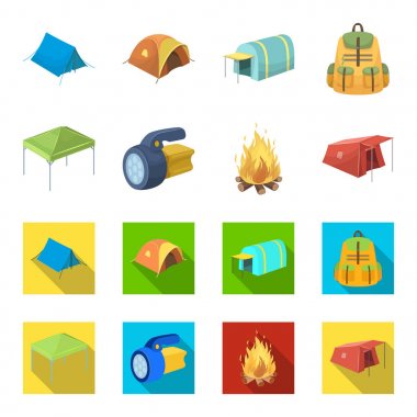 Tente, yangın ve diğer turistik ekipmanları. Çadır toplama simgeler çizgi film, düz stil vektör simge stok çizim web ayarla..