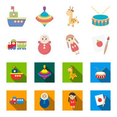 Train.kukla, resim. Oyuncak toplama simgeler çizgi film, düz stil vektör simge stok çizim web ayarla..