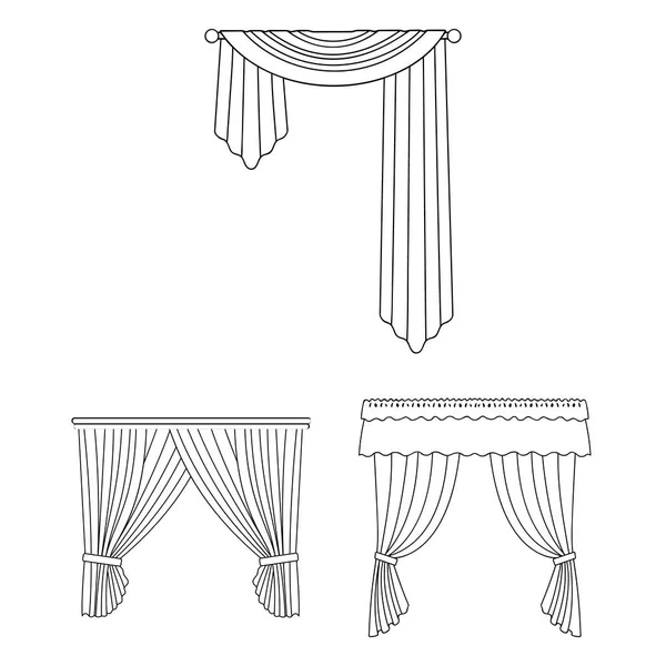 Diferentes tipos de cortinas esbozan iconos en la colección de conjuntos para el diseño. Cortinas y lambrequines vector símbolo stock web ilustración . — Archivo Imágenes Vectoriales