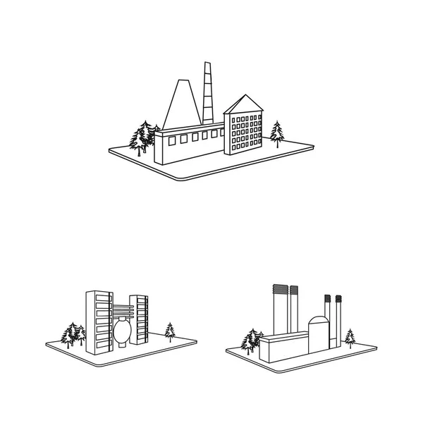 Ícones de esboço de fábrica e planta na coleção de conjuntos para design. Produção e empresa vetor isométrico símbolo estojo web ilustração . — Vetor de Stock