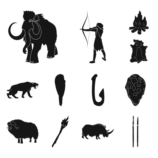 Leven in het stenen tijdperk zwarte pictogrammen in set collectie voor design. Oude mensen vector symbool voorraad web illustratie. — Stockvector