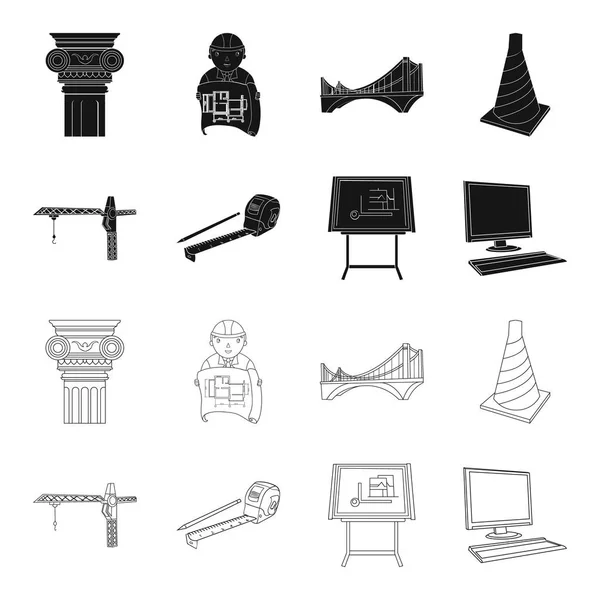 Construction crane, measuring tape measure, drawing board, computer. Architecture set collection icons in black,outline style vector symbol stock illustration web. — Stock Vector