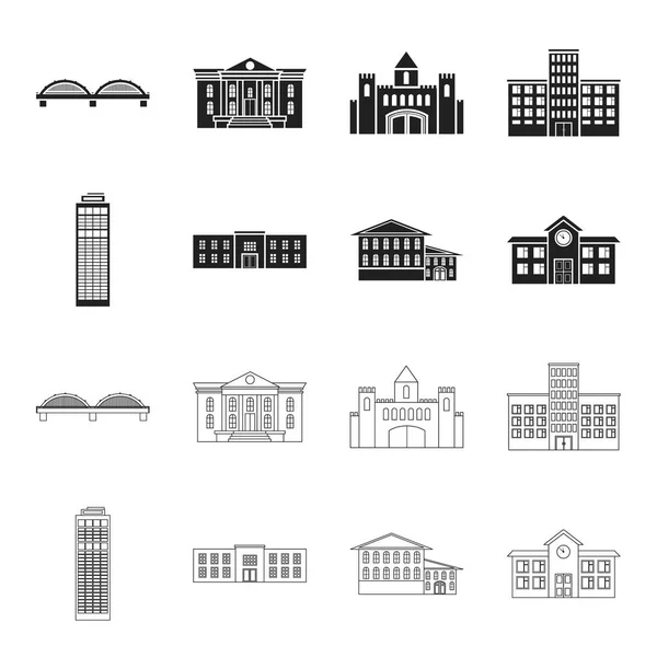 Wolkenkratzer, Polizei, Hotel, school.building Set Sammlung Symbole in schwarz, Umriss Stil Vektor Symbol Stock Illustration Web. — Stockvektor