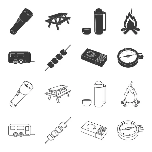 Remorque, shish kebab, allumettes, boussole. Camping set collection icônes en noir, contour style vectoriel symbole illustration web . — Image vectorielle