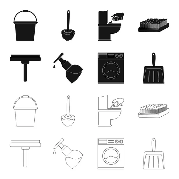Reiniging en meid zwart, omtrek pictogrammen in set collectie voor design. Apparatuur voor het reinigen van symbool voorraad web vectorillustratie. — Stockvector
