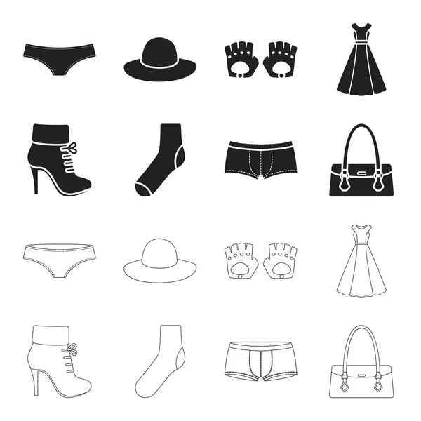 Bottes, chaussettes, shorts, sacs pour dames. Ensemble de vêtements icônes de la collection en noir, contour style vectoriel symbole illustration web . — Image vectorielle