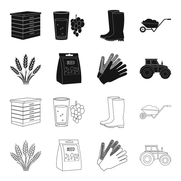 Espiguillas de trigo, un paquete de semillas, un tractor, guantes.Iconos de colección conjunto de granja en negro, contorno estilo vector símbolo stock ilustración web . — Vector de stock