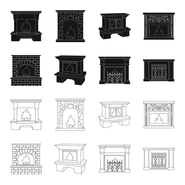 Огонь, тепло и комфорт. Камин набор иконки в черном, очертания стиль векторного символа фондового иллюстрации веб . — стоковый вектор