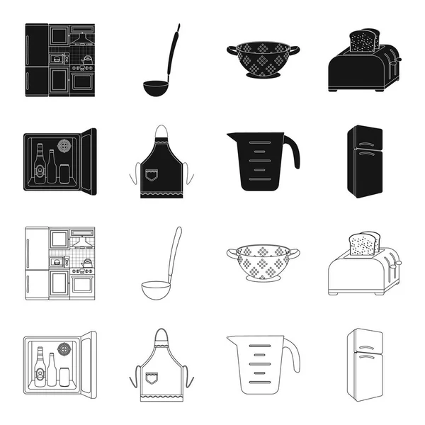 Equipamento de cozinha preto, ícones de contorno na coleção de conjuntos para design. Cozinha e acessórios símbolo vetorial ilustração web stock . — Vetor de Stock