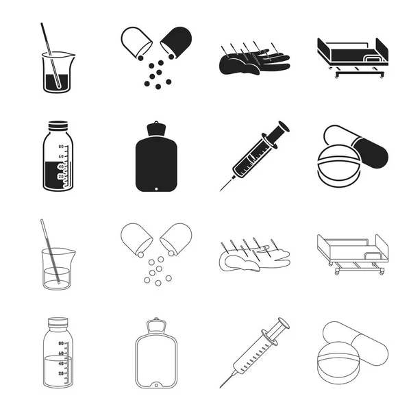 Lösung, wärmer, spritze, pills.medicine set sammlung symbole in schwarz, umriss stil vektor symbol stock illustration web. — Stockvektor