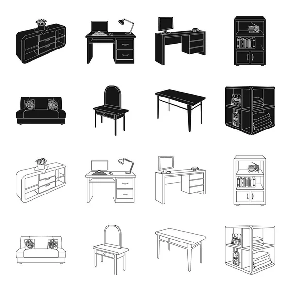 Sofá suave, mesa de maquillaje de inodoro, mesa de comedor, estanterías para ropa y detergente. Muebles e interiores set colección iconos en negro, contorno estilo isométrico vector símbolo stock ilustración web . — Vector de stock