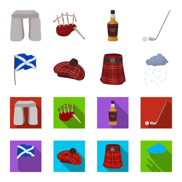 Bayrak, İskoç eteği, yağışlı hava, cap. İskoçya ülke toplama simgeler çizgi film, düz stil vektör simge stok çizim web ayarla.. — Stok Vektör