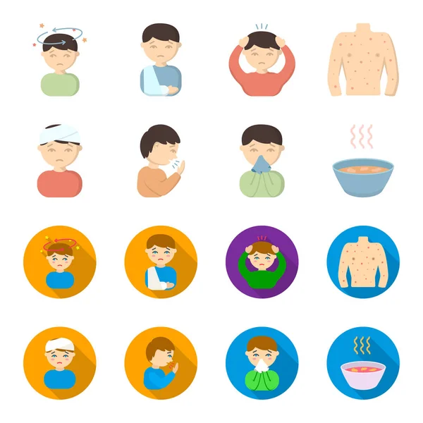 Un hombre con una cabeza vendada, un hombre tosiendo, un hombre resoplando un moco, un tazón, un tazón de caldo caliente en un pañuelo. Enfermo conjunto colección iconos en dibujos animados, plano estilo vector símbolo stock ilustración web . — Vector de stock