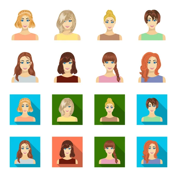 Types of female hairstyles cartoon, flat icons in set collection for design. Внешний вид веб-иллюстрации женского векторного символа . — стоковый вектор