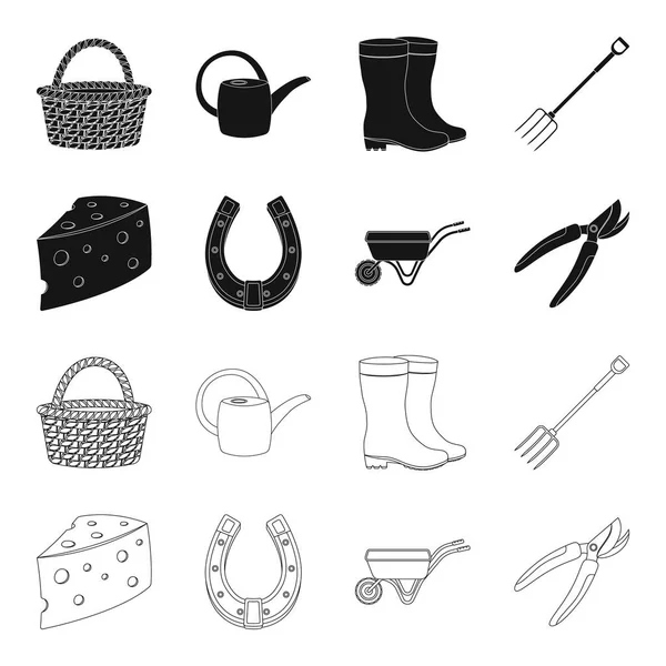 Cheese with holes, a trolley for agricultural work, a horseshoe made of metal, a pruner for cutting trees, shrubs. Farm and gardening set collection icons in black,outline style vector symbol stock Stock Vector