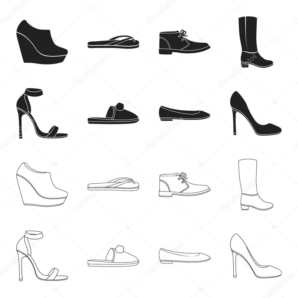 Blue high-heeled sandals, homemade lilac slippers with a pampon, pink women ballet flats, brown high-heeled shoes. Shoes set collection icons in black,outline style vector symbol stock illustration .