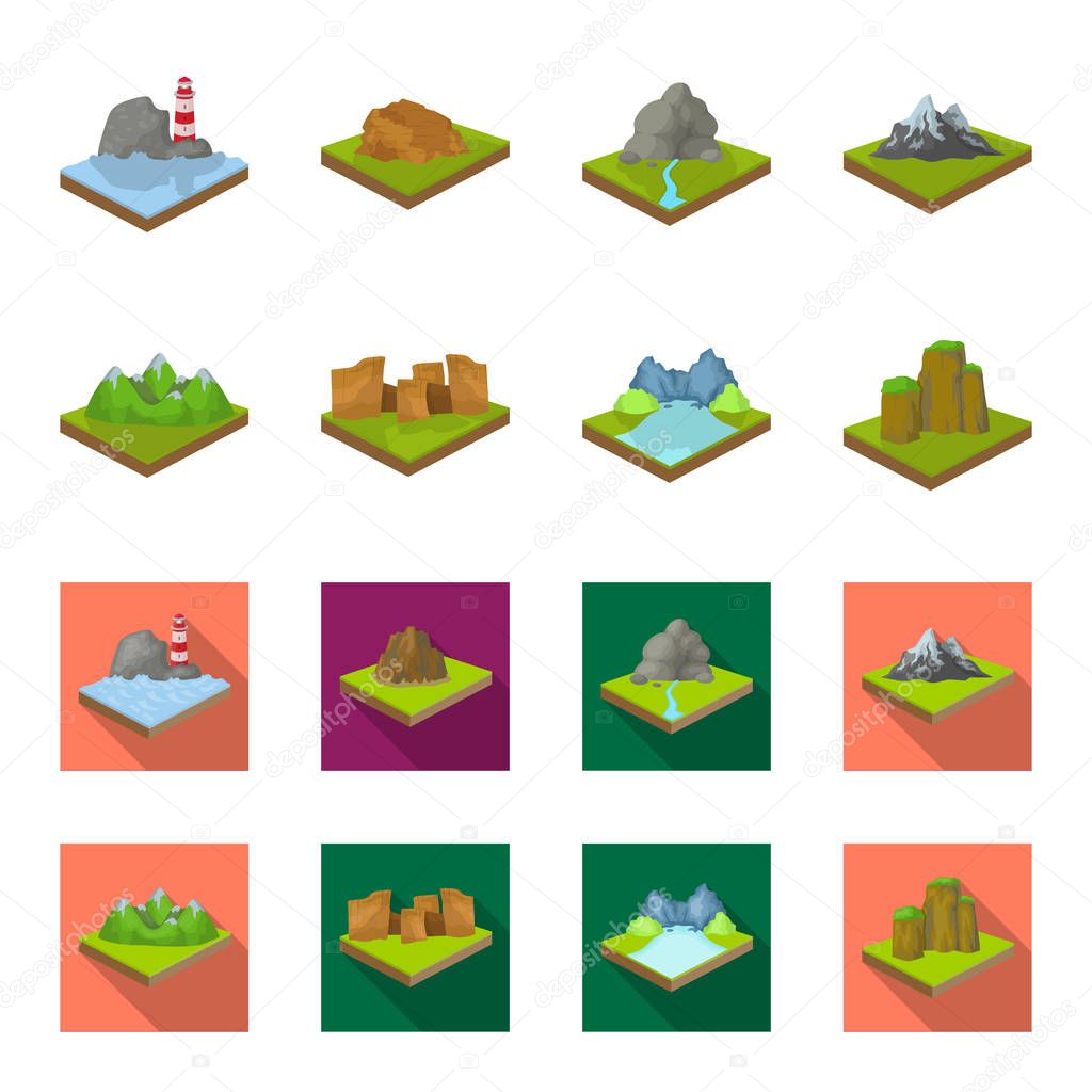 Mountains, rocks and landscape. Relief and mountains set collection icons in cartoon,flat style isometric vector symbol stock illustration .